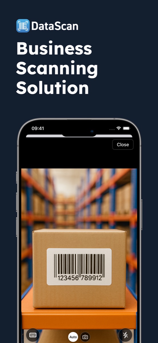 DataScan barcode scanner scanning a carton barcode in a warehouse aisle with the iPhone camera