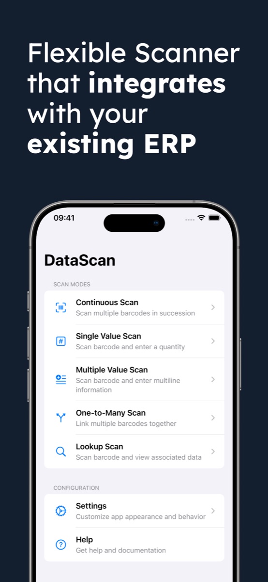 DataScan main menu with five scan modes for inventory: Continuous, Single Value, Multiple Value, One-to-Many and Lookup Scan
