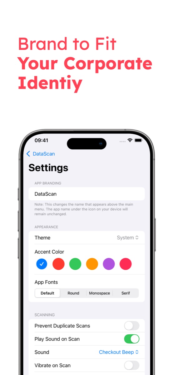 DataScan branding settings with custom app name, theme, accent colors and fonts