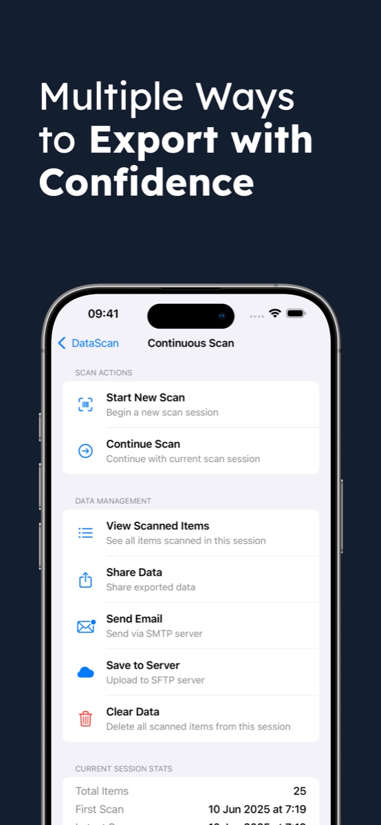 Export options in DataScan: share scan data, send by email via SMTP or upload to an SFTP server