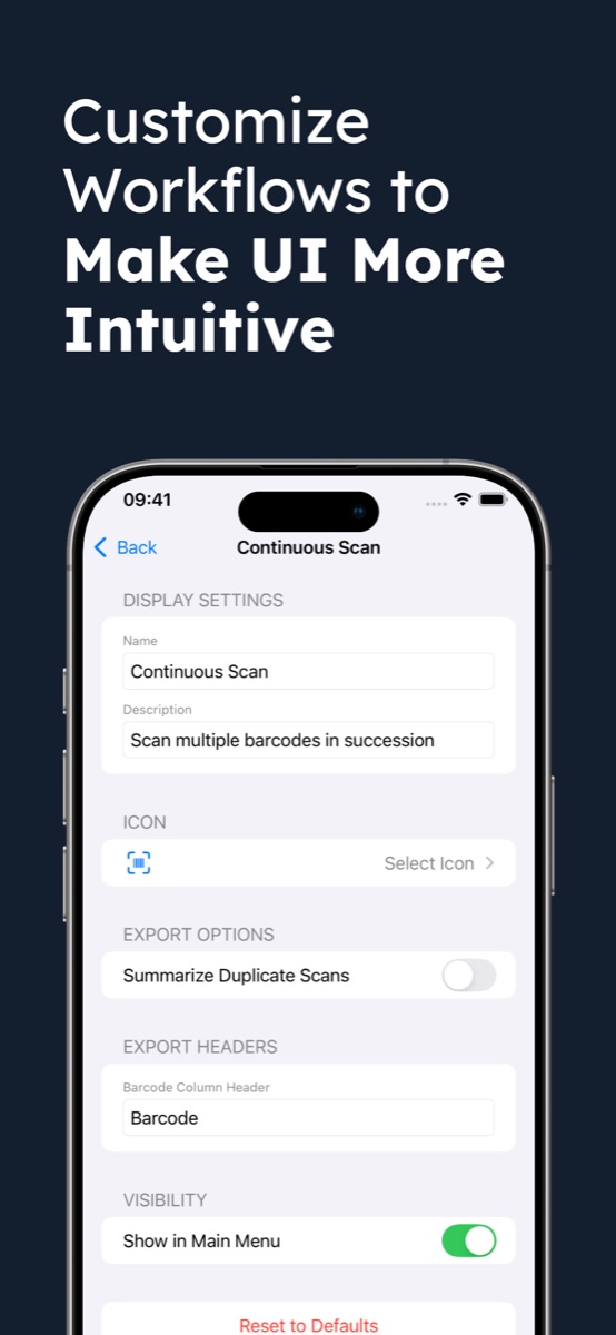 Workflow customization in DataScan: rename scan modes, edit descriptions, icons and export headers