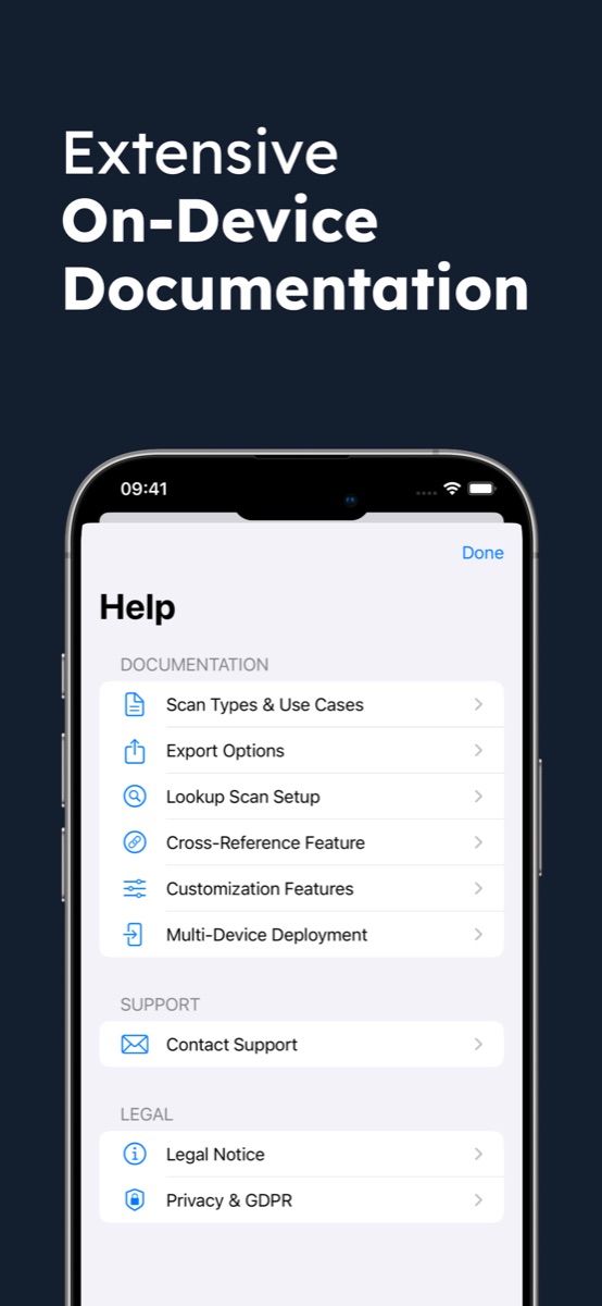 Built-in documentation and support screens in the DataScan barcode scanner app