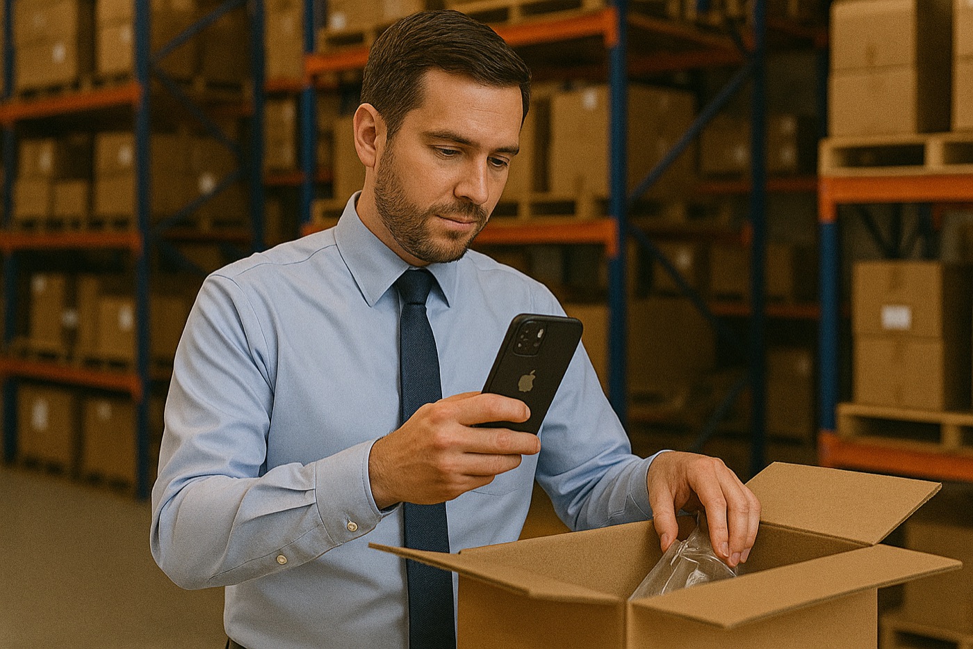 DataScan barcode scanner app on an iPhone scanning a carton barcode in a warehouse aisle