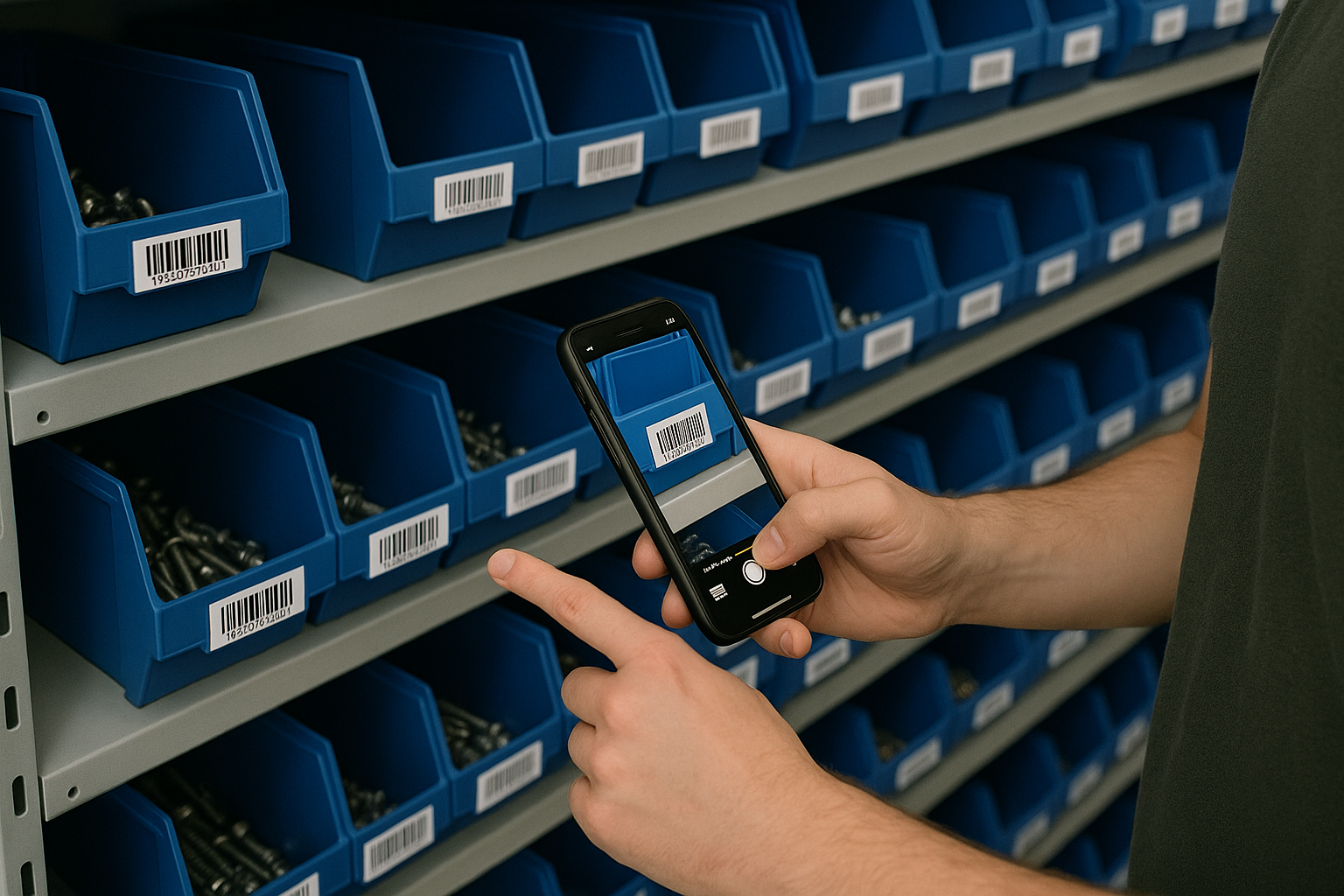 Worker cycle counting small parts bins with a phone barcode scanner app instead of a WMS handheld