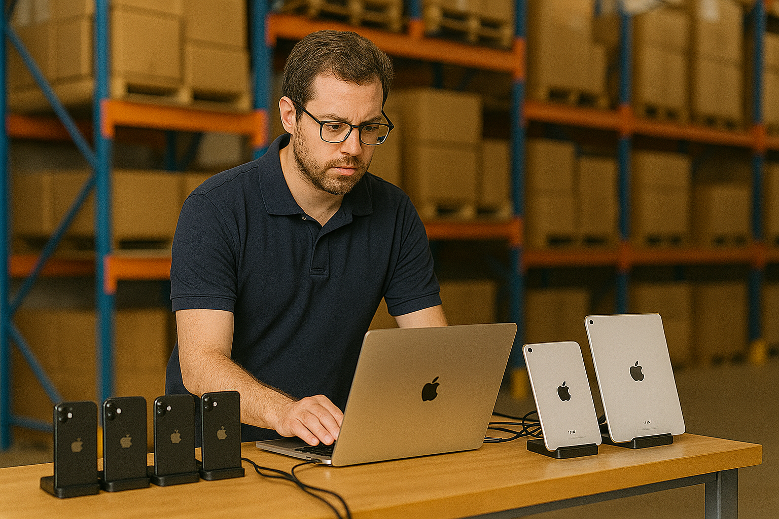 IT technician scanning serial number barcodes on laptops and equipment into a spreadsheet with a phone