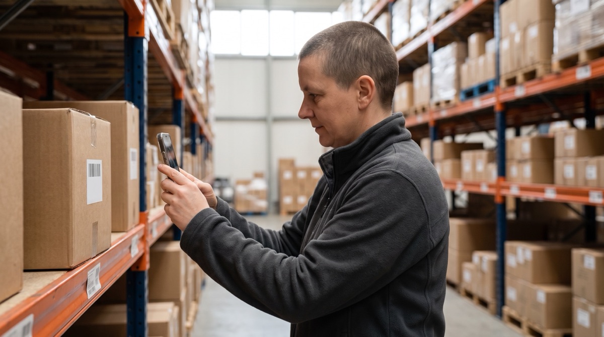 A stocktake in a warehouse: a carton label on the shelf is scanned with a phone